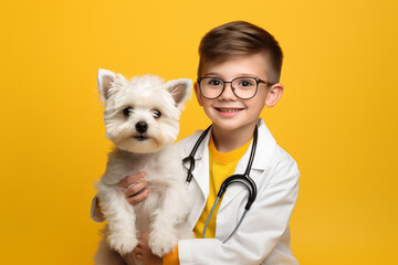 Cute funny kid in  veterinary coat with a puppy dog on pastel background with copy space. generative ai