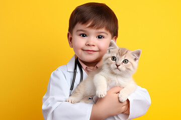 Cute funny kid in  veterinary coat with a cat on pastel background with copy space. generative ai
