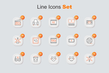 Set line No smoking, Comedy theatrical mask, Drama, Popcorn cardboard box, 3D cinema glasses, Film reel, Online play video and Full HD 1080p icon. Vector