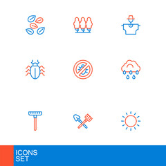 Set line Sun, Shovel and rake, Garden, Cloud with rain, Colorado beetle, Stop colorado, Scarecrow and Fruit trees icon. Vector