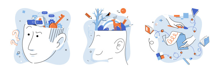 Brain activity set, critical thinking, abstract thought, positive intellection. Thinking and imagination, problem solving, brainstorming, idea and fantasy, motivation and inspiration, find solution