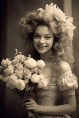 Nostalgia for old Paris: Old photo of young smiling French woman with flowers, 18th century
