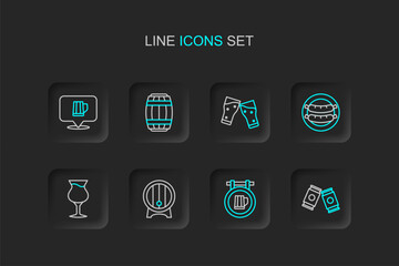 Set line Beer can, Street signboard with beer, Wooden barrel on rack, Glass of, Sausage, and mug icon. Vector