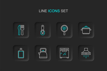 Set line Kitchen extractor fan, Oven, Kettle with handle, Cutting board, Cooking pot, Fried eggs on frying pan, Pizza knife and Crossed fork icon. Vector