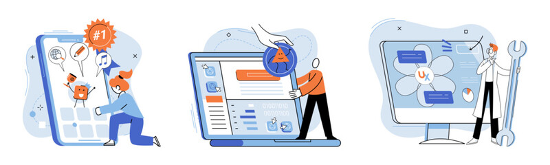 Application testing metaphor. Vector illustration. Application testing, detector identifying glitches for smoother software operation App test, obstacle course testing agility of app Software testing