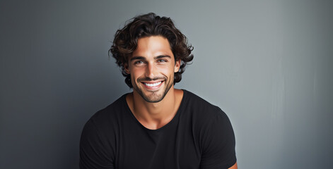 Beautiful caucasian man with smooth healthy face skin. Gorgeous man with a happy smile. Beauty and cosmetics skincare advertising concept. - obrazy, fototapety, plakaty
