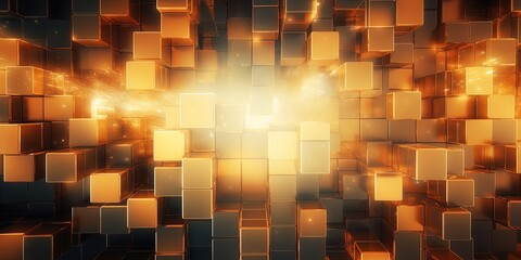 Abstract geometric metallic gold 3d texture wall with squares and square cubes background banner...