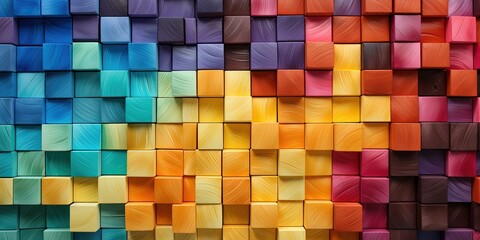 Abstract geometric rainbow colors colored 3d wooden square cubes texture wall background banner illustration panorama long, textured wood wallpaper - obrazy, fototapety, plakaty