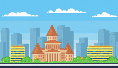 City street with houses and greenery church or government building. Pixelated landscape with nature and architecture. Residential building in pixel art style. Constructions of different height in town