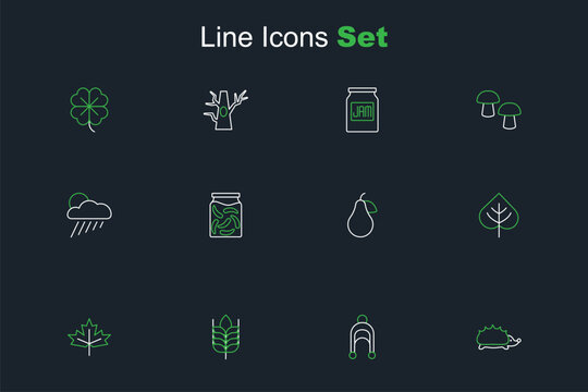 Set line Hedgehog, Leaf, Wheat, Canadian maple leaf, Pear, Pickled cucumbers in jar and Cloud with rain and sun icon. Vector