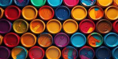 Banner of colorful paint cans or tins for home decoration - obrazy, fototapety, plakaty