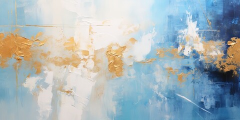 Closeup of abstract rough blue white gold art painting texture, with oil brushstroke, pallet knife paint on canvas