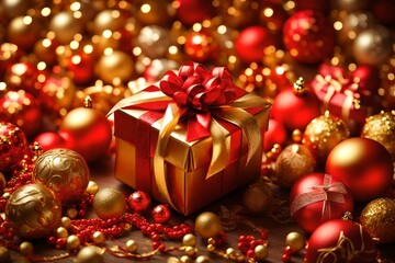 red and golden chritsmis ball,also gift box present there,beautiful background