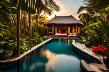 pool at sunset, A luxurious tropical pool villa nestled in a lush green garden oasis