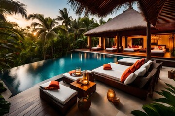hotel in the pool, A luxurious tropical pool villa nestled in a lush green garden oasis