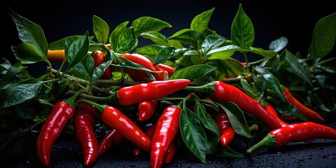 Food photography background - Closeup of ripe red chili peppers branch, on dark black table - obrazy, fototapety, plakaty
