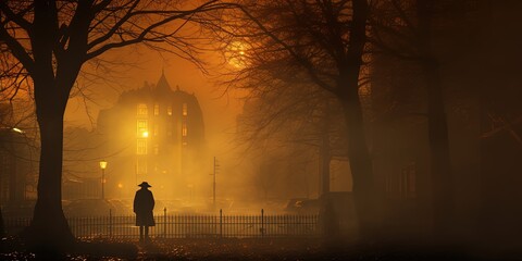 Foggy autumn city silhouette of a man - obrazy, fototapety, plakaty