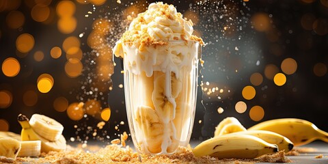 Food photography background square - Healthy banana smoothie milkshake in glass with splashes and bananas on table
