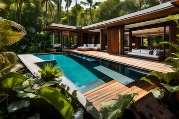 hotel swimming pool, A luxurious tropical pool villa nestled in a lush green garden oasis