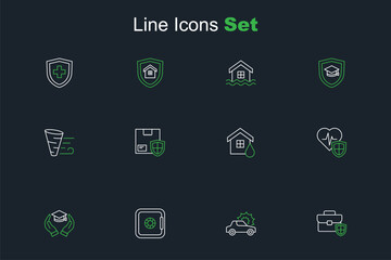 Set line Briefcase with shield, Car insurance, Safe, Education grant, Life, House flood, Delivery security and Tornado icon. Vector