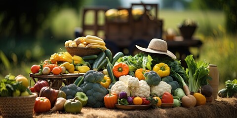 Hat standing near cart with fresh organic harvested vegetables and loading on truck against blurred agriculture fields - obrazy, fototapety, plakaty