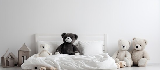 Black and white bedroom interior with plush toy on kid s bed