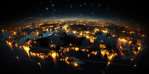 Illustration of glowing planet with yellow network connecting cities on black background