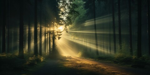 Mist fog magic dark forest. WIth sun ray going through trees. Adventure explore spooky scary mood.