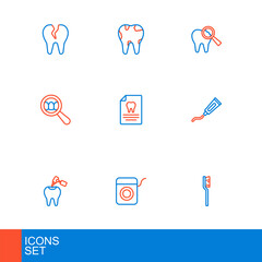 Set line Toothbrush, Dental floss, with caries and drill, Tube of toothpaste, search, Clipboard dental card, Broken and icon. Vector