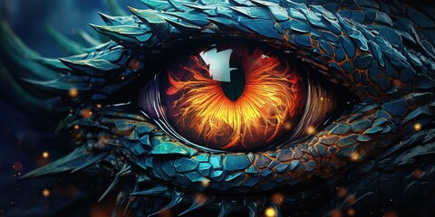 Myth fantasy dragon eye. Macro close up illustration decoration graphic art view lokk watching at you - obrazy, fototapety, plakaty