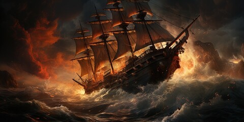 Obraz premium Pirate ship in a ferocious sea battle
