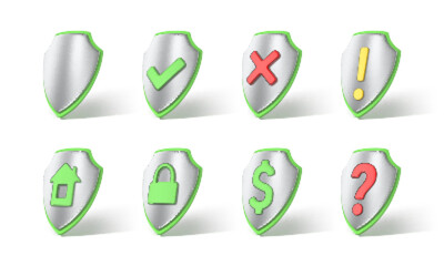 3D render protective shields with different symbols icon. Concept safety access, security guarantee, protect, safe, privacy. Vector 3d illustration