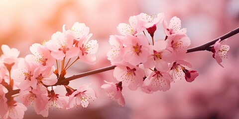Soft cherry blossom flowers bloom spring background - Closeup of beautiful blooming cherry trees...