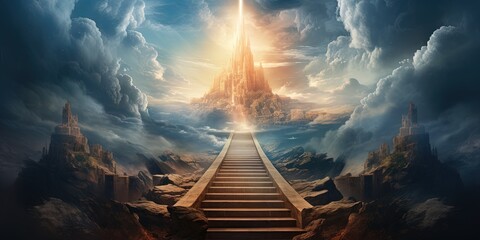 Stairway leading up to heaven toward the cross. Christian illustration. - obrazy, fototapety, plakaty