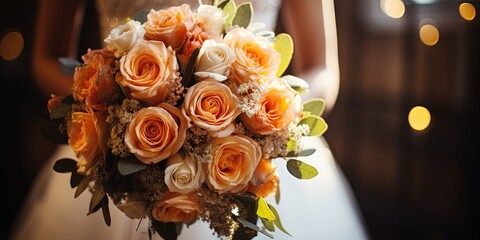 Stylish bride bouquet elegant. A beautiful wedding bouquet with orange roses in bride's hands. A woman in wedding dress holding flowers. Celebration style concept
