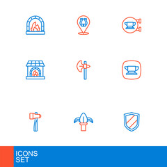 Set line Shield, Classic iron fence, Hammer, Blacksmith anvil tool, oven, Medieval axe, and Horseshoe icon. Vector