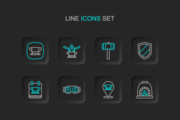 Set line Blacksmith oven, anvil tool, Welding glasses, Shield, Sledgehammer, Anvil and and icon. Vector