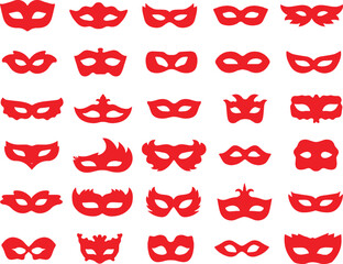 Obraz premium Set of carnival masks silhouettes. Simple white icons of masquerade masks, for party, parade and carnival, red color isolated on white background