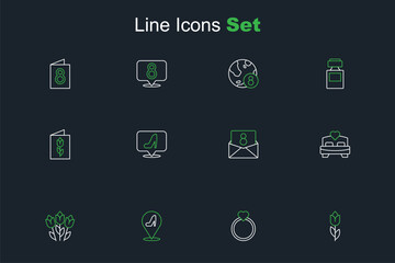 Set line Flower tulip, Diamond engagement ring, Woman shoe, Bedroom, Envelope with 8 March, and Greeting card icon. Vector