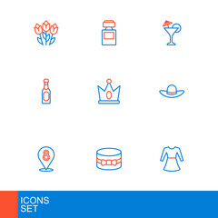Set line Woman dress, Gift box and heart, 8 March, Elegant women hat, Champagne bottle, King crown, Martini glass and Perfume icon. Vector