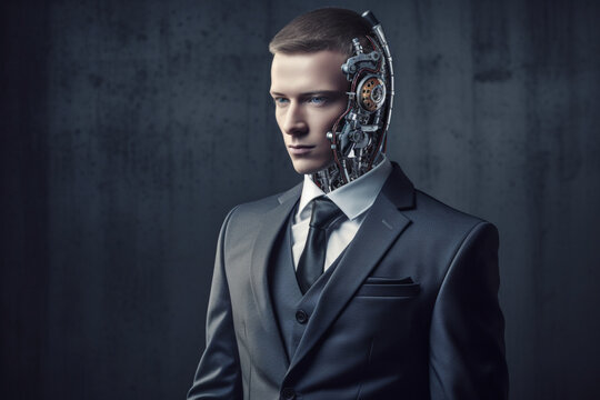 Explore the fusion of business and technology in this creative concept, featuring a suited man working with a robotic face. Working like a robot concept. Ai generated