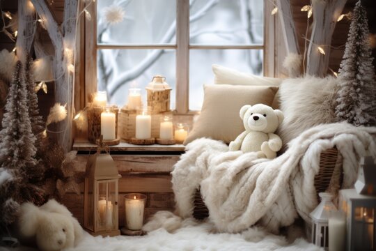 Enchanting vintage room with Christmas tree and teddy bears. A magical atmosphere of wonder and delight.