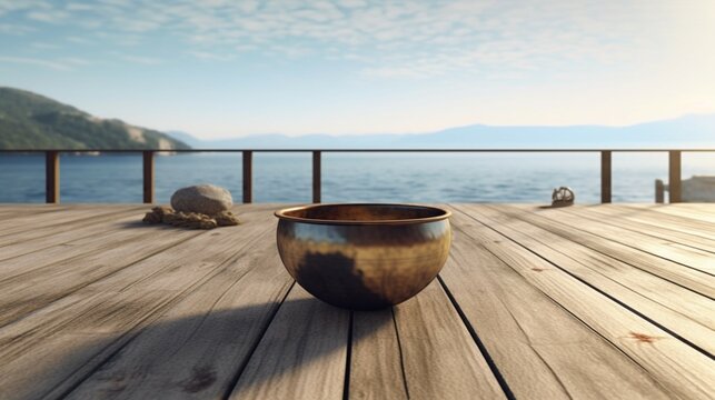 Singing bowl placed on wooden pier.Generative AI