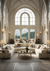 Fototapeta na wymiar Beautiful luxurious interior house with white walls and decor.