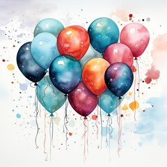 Watercolor party decorations, balloons on white background.