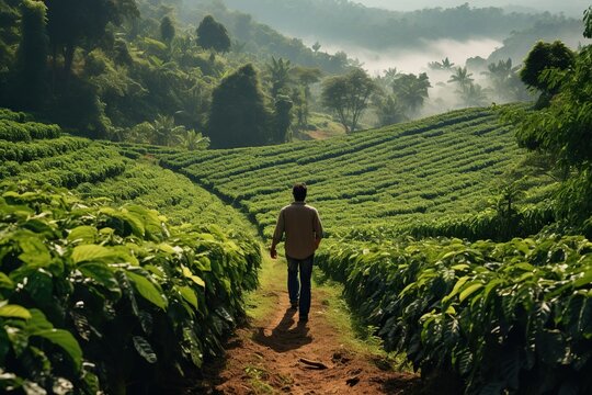 Man working in a coffee plantation with a beautiful landscape.