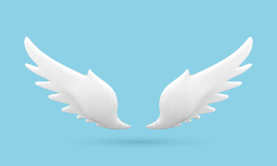 Two 3D white wings isolated on blue background. Abstract freedom symbol. Vector 3d illustration