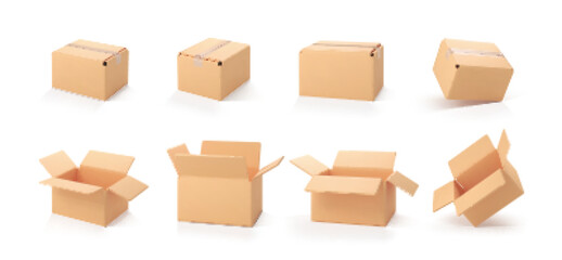 3D cardboard open and closed boxes isolated on white background. Delivery cargo box set. Cartoon style cardboard boxes or delivery package. Vector 3d realistic