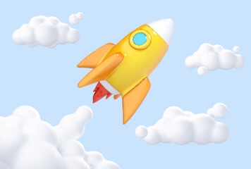 Naklejka na ściany i meble 3D rocket taking off. Clouds and smoke from a rocket taking off. Business startup concept. Vector 3d illustration