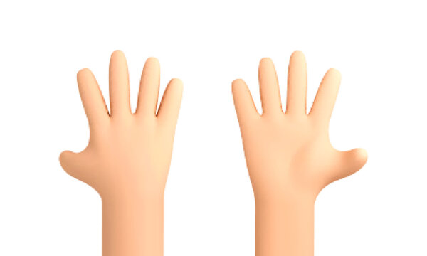 3D cartoon hands showing five fingers on white background. Hand with open palm gesture. Hands waving or showing high five. Vector 3d illustration.